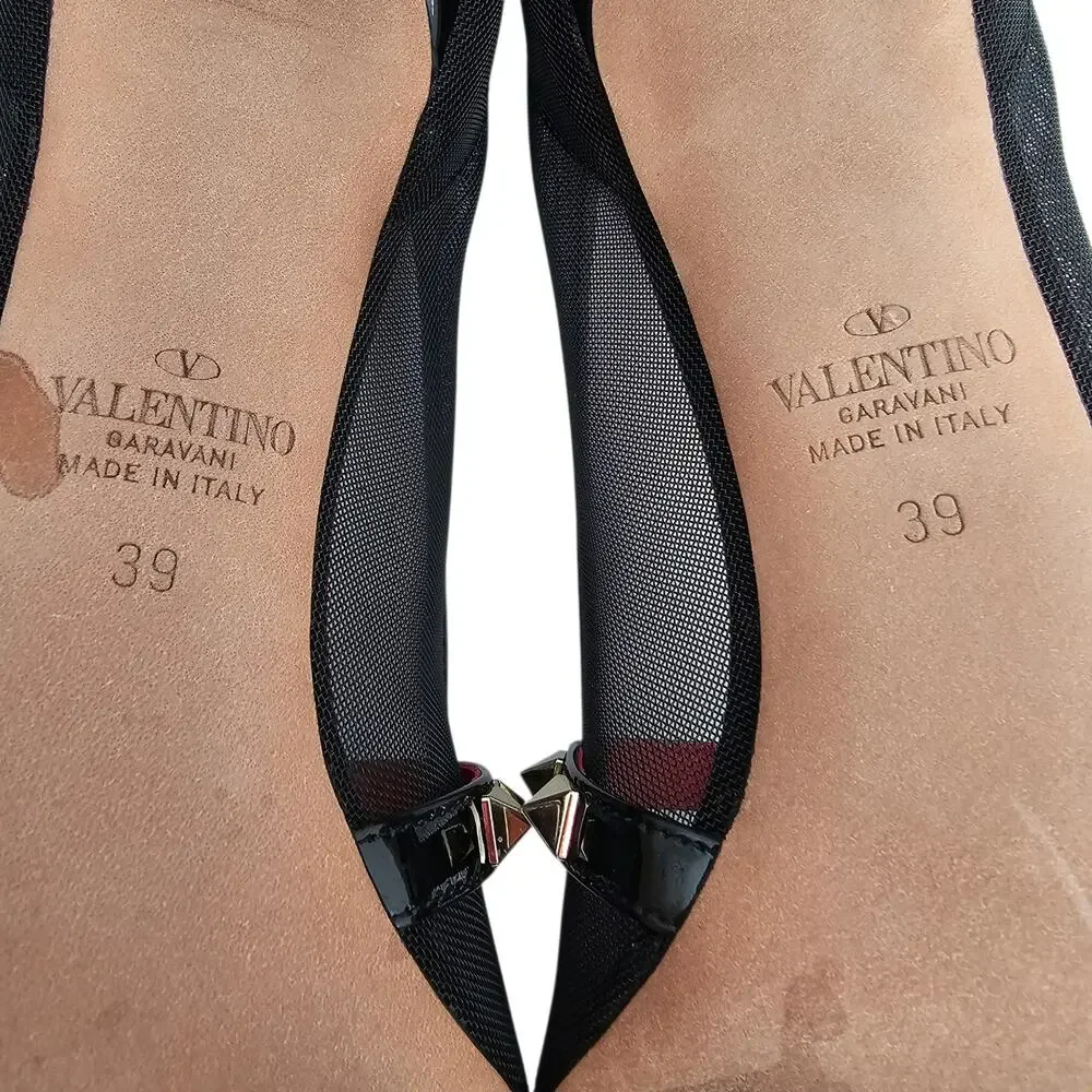 Valentino Garavani Rockstud Alcove Black Patent Leather Mesh Pump Heel Size 39 9